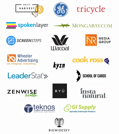 Client logos: Daily Harvest, GE, Tricycle, SpokenLayer, Mongabay, ScreenSteps, Wacoal, NR Media Group, Wheeler Advertising, Kyzn, Cook Ross, LeaderStat, School of Cards, Zenwise Health, RYU, Insta Natural, Teknos, GI Supply, Big Wide Sky